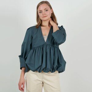 Tibi Eco Poplin Deep V Sculpted Top in "Phthlao Green", size 2